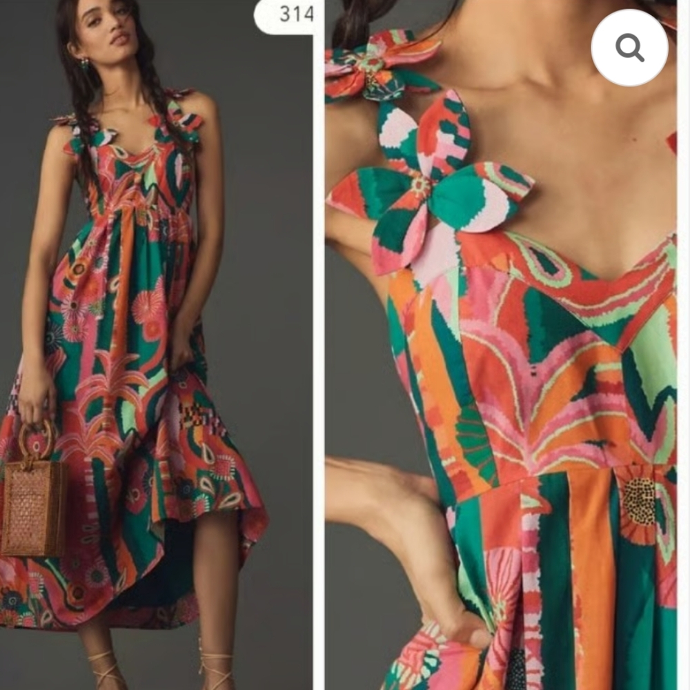 Farm Rio × Anthropologie Pleated Palm Midi Dress In Pink Size Small - Picture 6 of 9